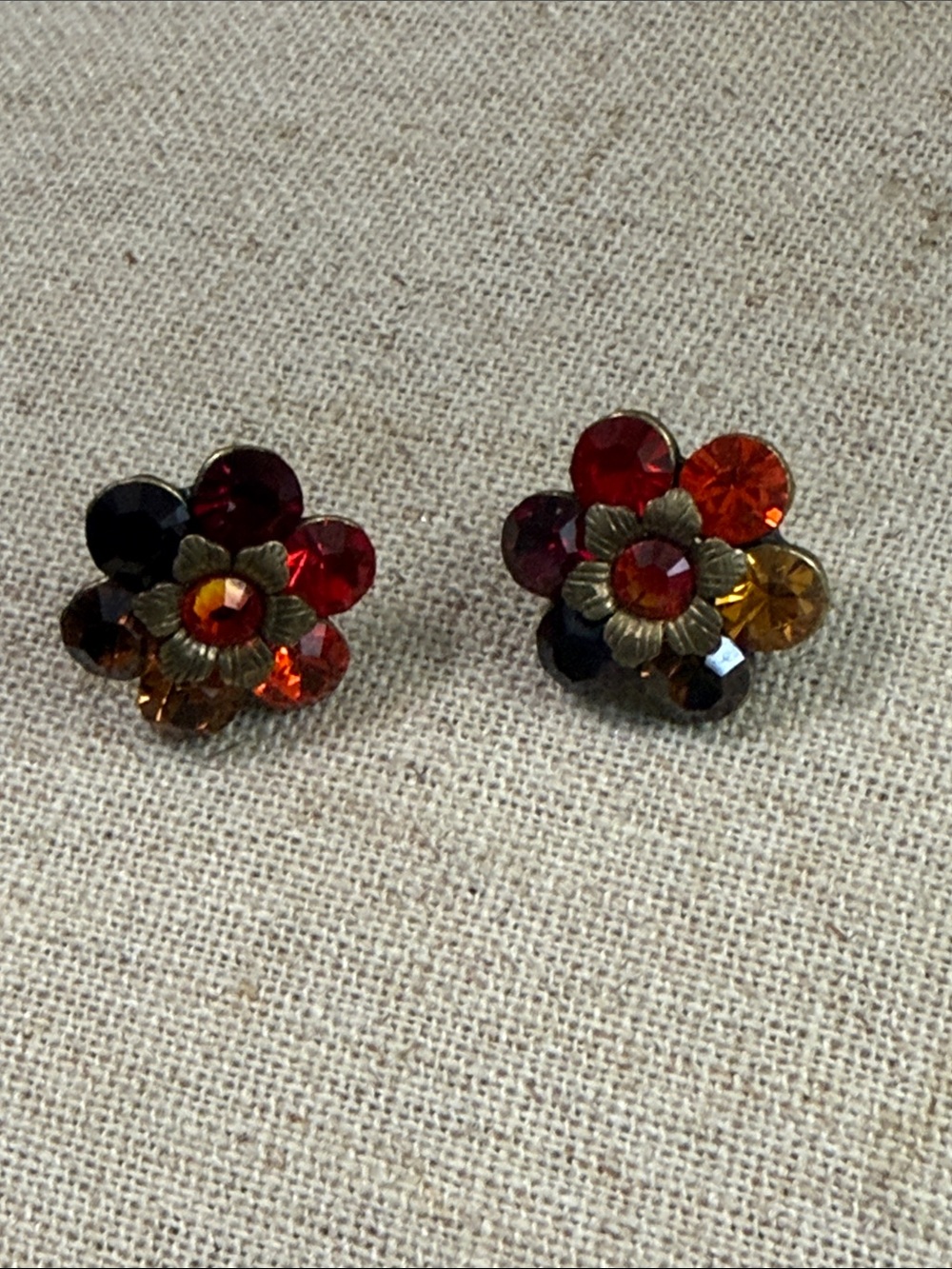 Vintage-Inspired Flower Crystal Stud Earrings in Red & Amber vintage